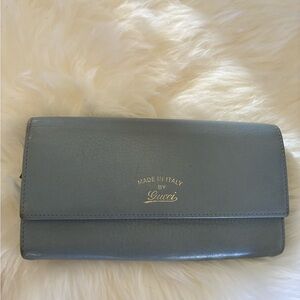 RARE Gucci Blue Leather Continental Wallet with Gold Stamp - Authentic